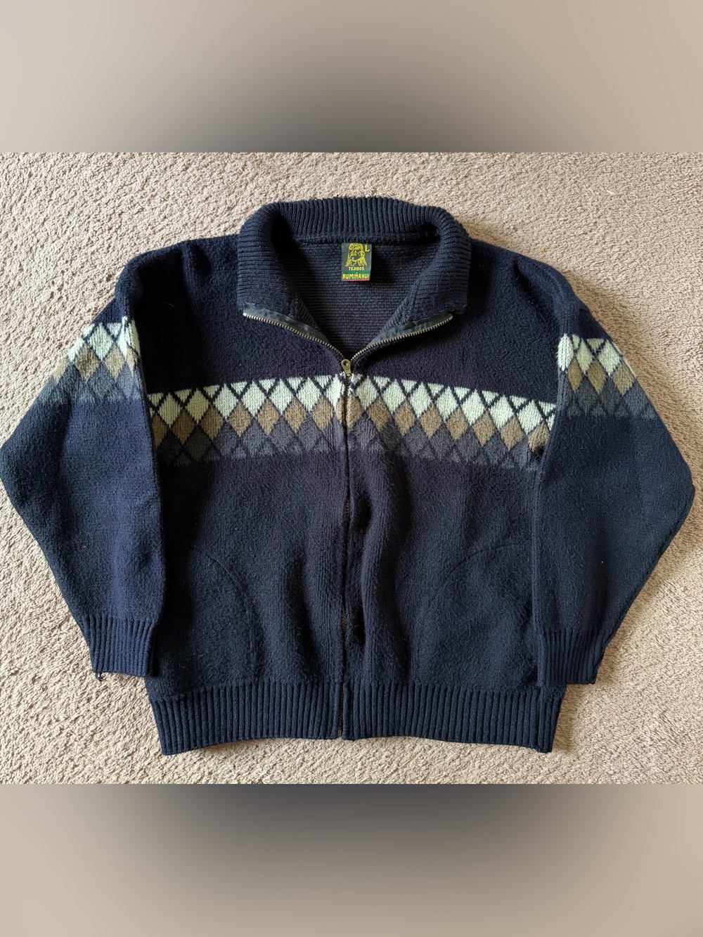 Vintage Tejidos Ruminahui Sweater Men's Large Gray  Cardigan Aztec Print